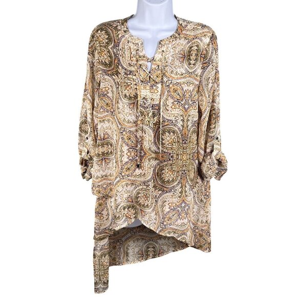 Chicos Mirrored Beauty Womens XS Paisley Sheer Asymmetric Tunic Chiffon Lace Up - Picture 5 of 15